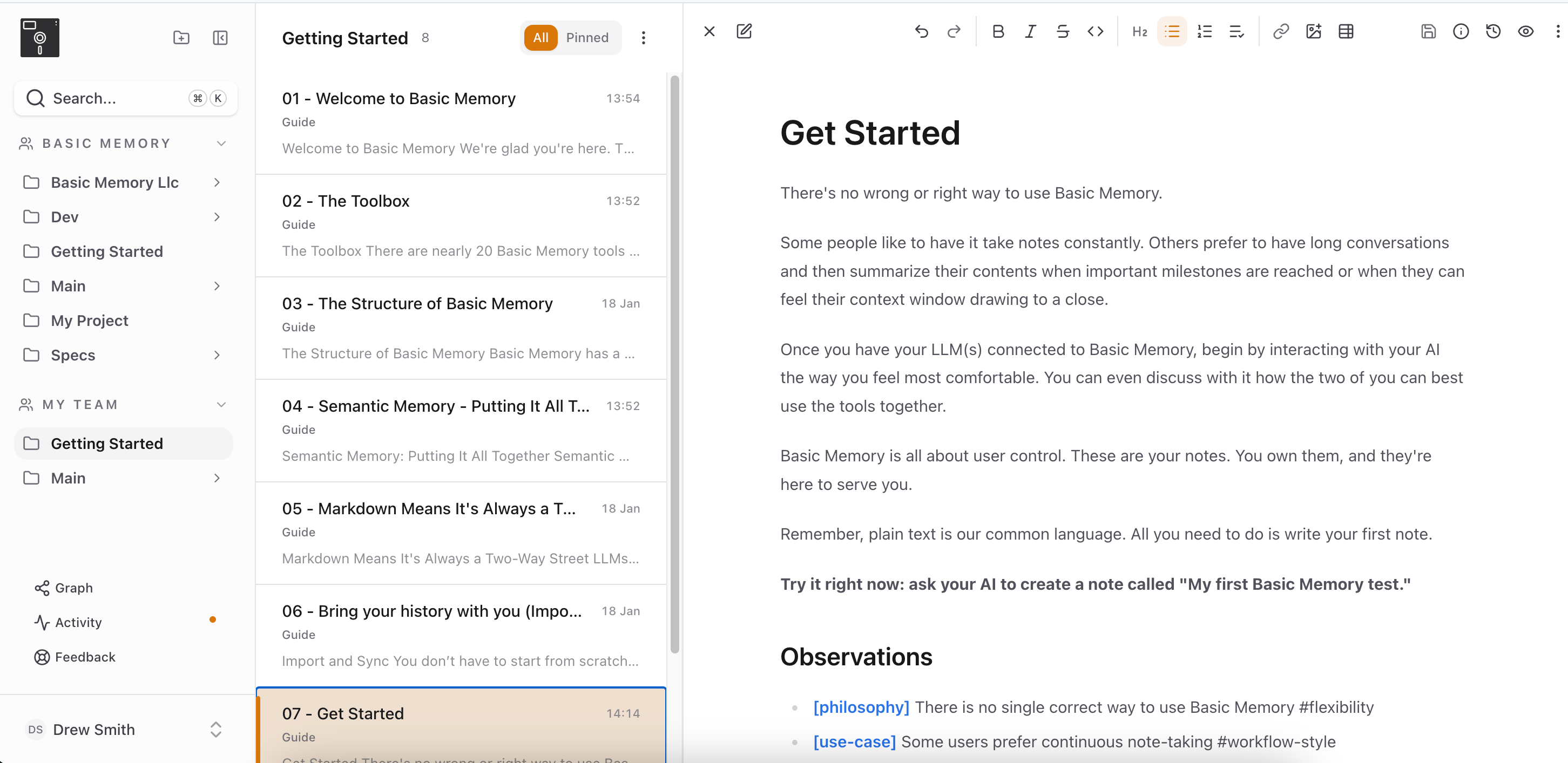 The Basic Memory V2 app showing personal and team knowledge bases side by side