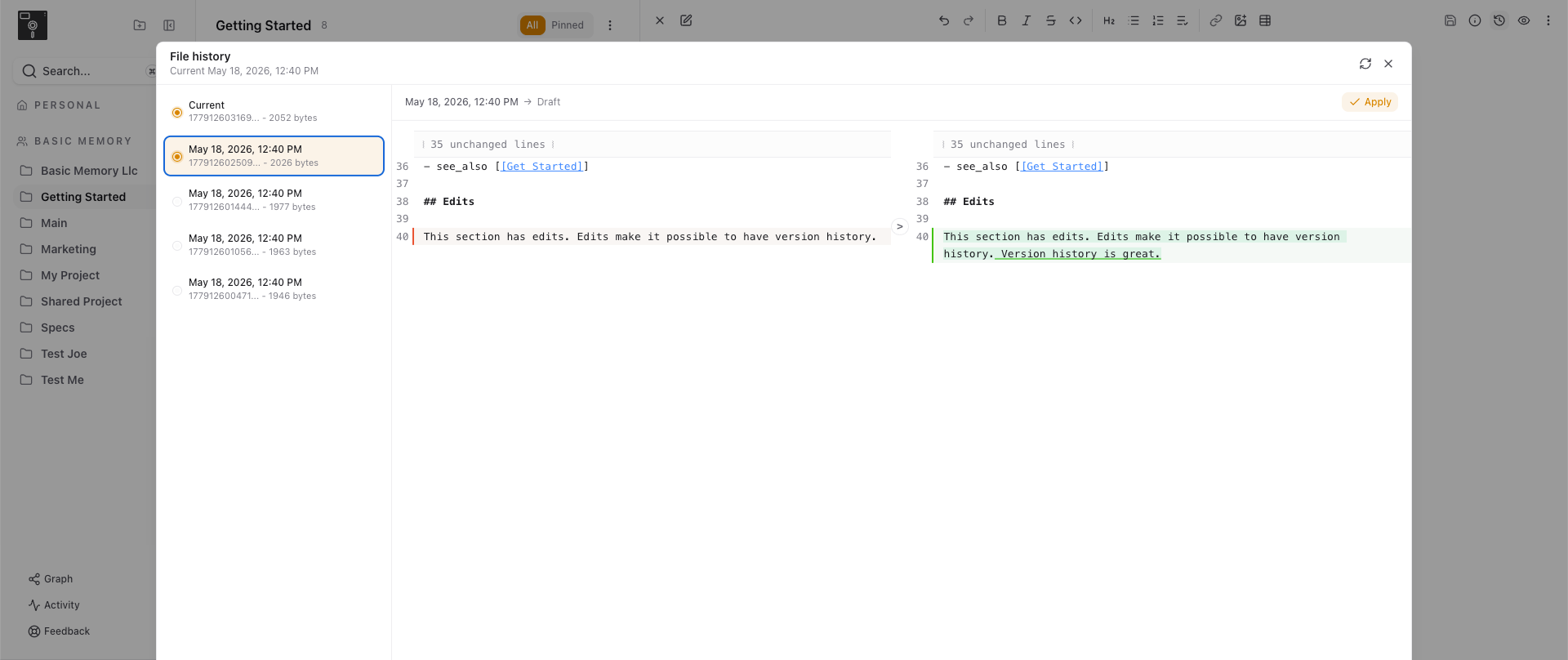 Per-file version history with a side-by-side diff
