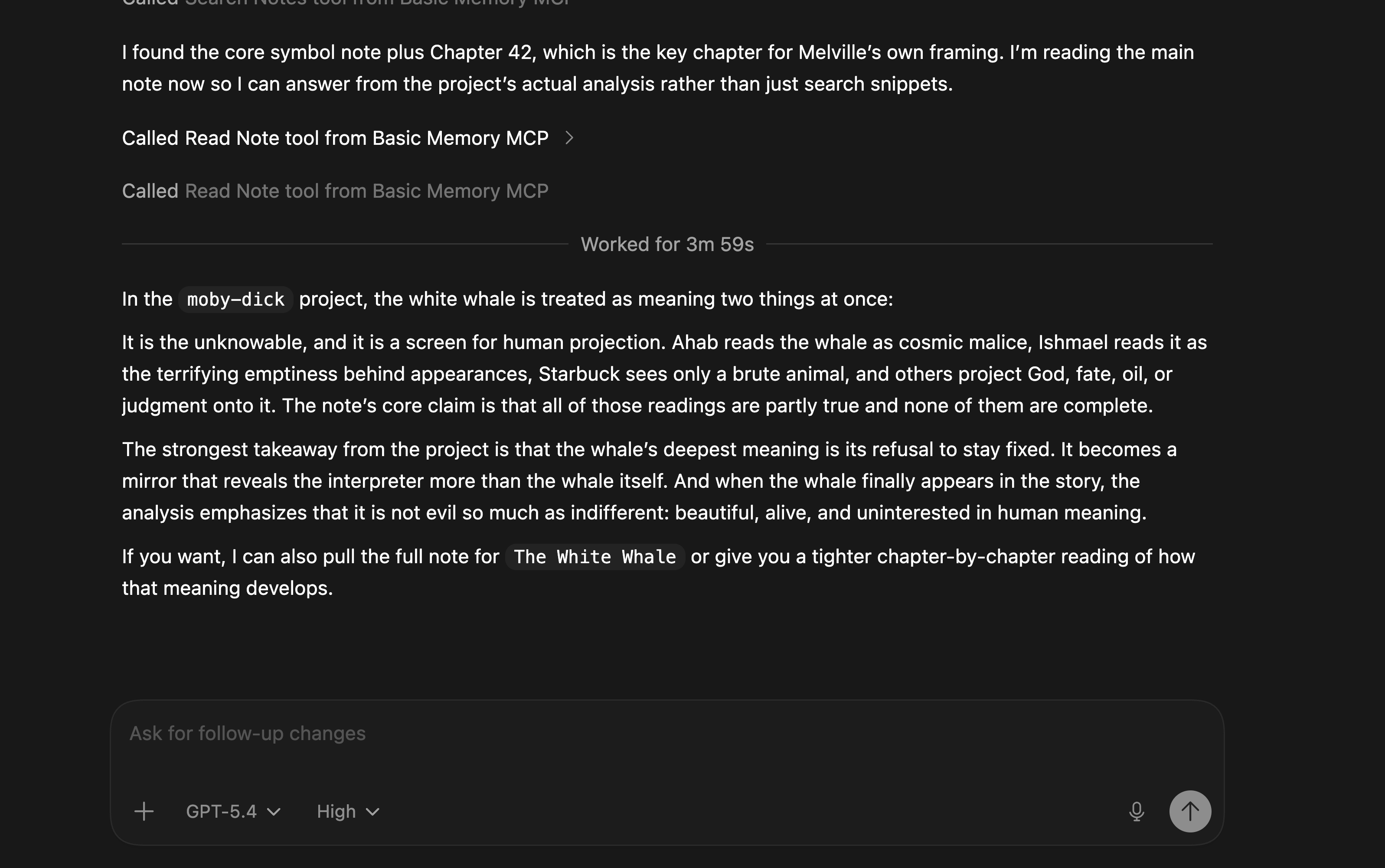 OpenAI Codex delivering deep literary analysis using Basic Memory notes