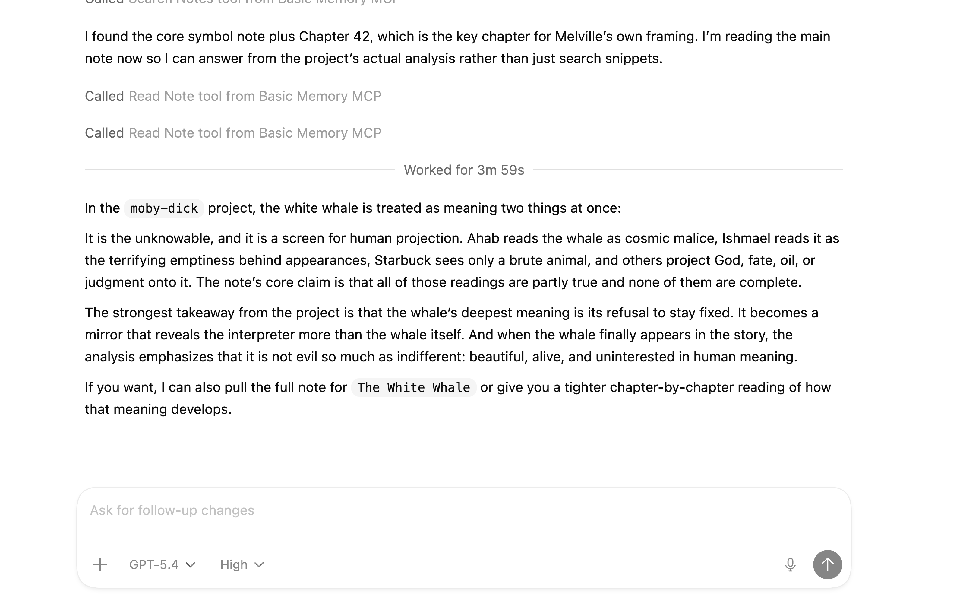 OpenAI Codex delivering deep literary analysis using Basic Memory notes