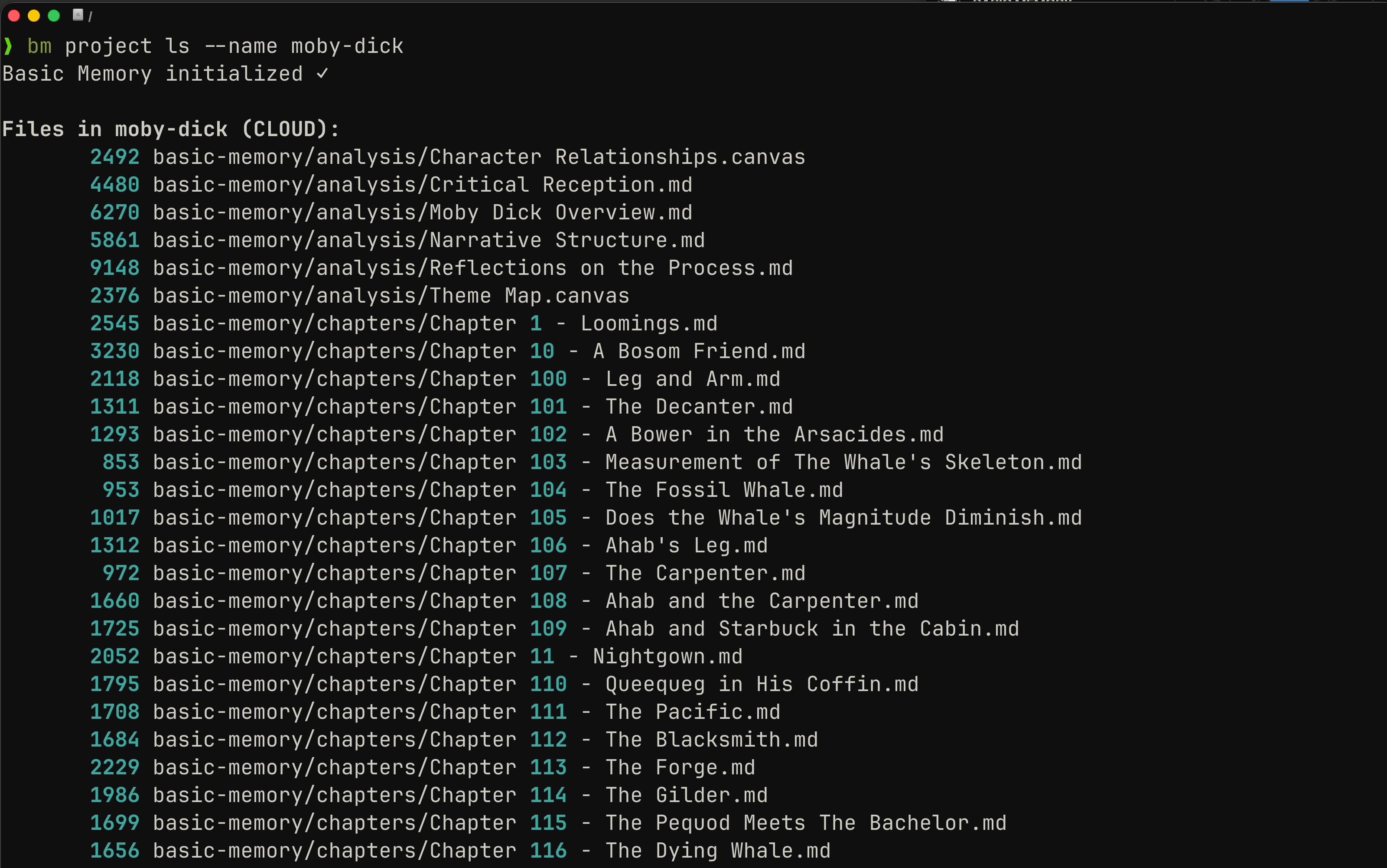 Terminal showing plain Markdown files managed by Basic Memory