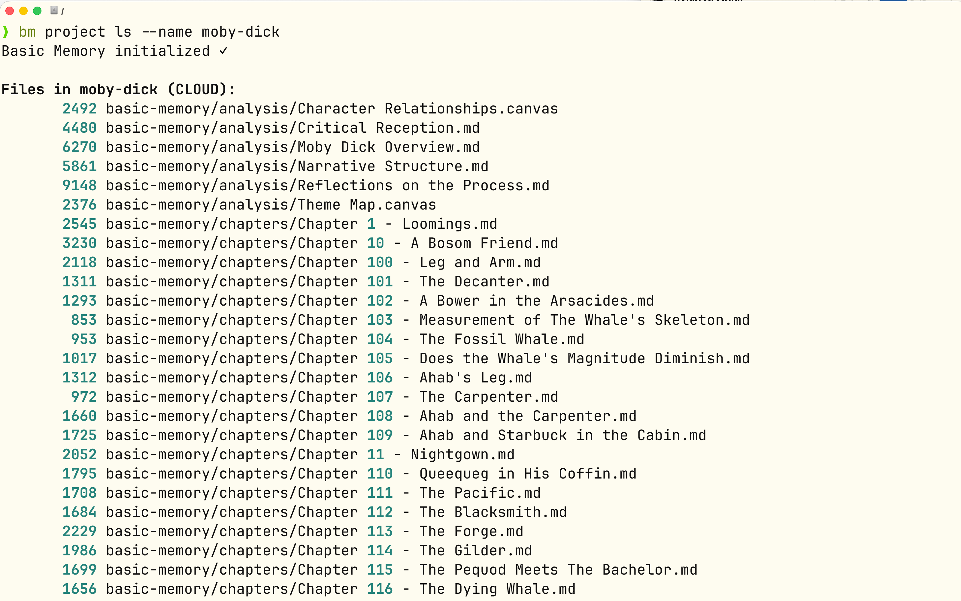 Terminal showing plain Markdown files managed by Basic Memory