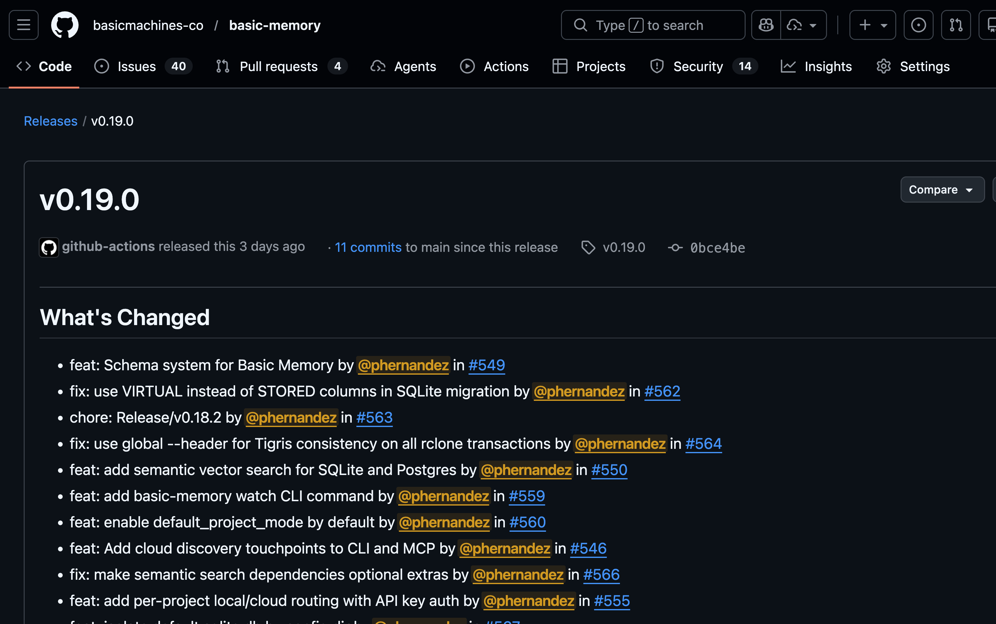 Basic Memory GitHub repository showing recent releases and active development
