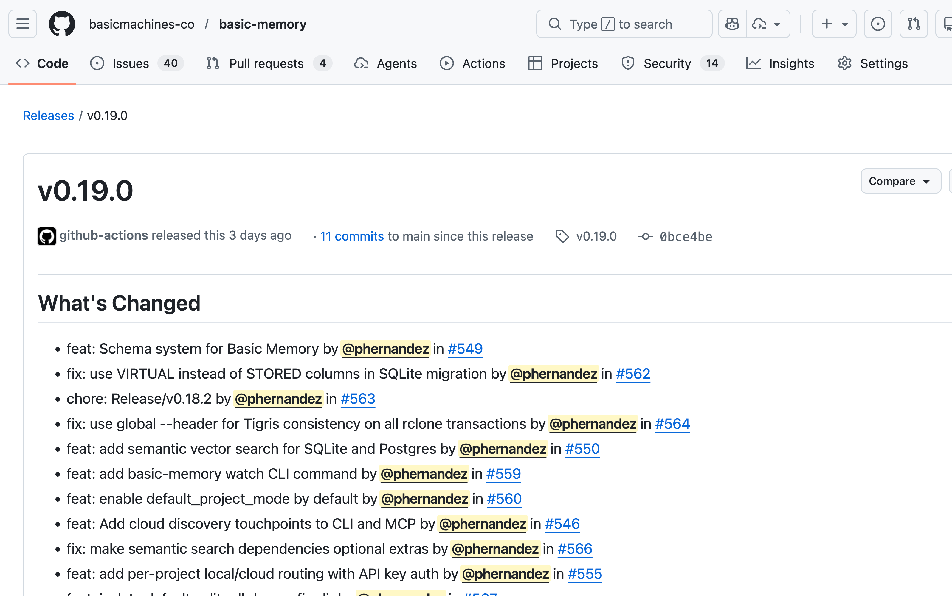Basic Memory GitHub repository showing recent releases and active development