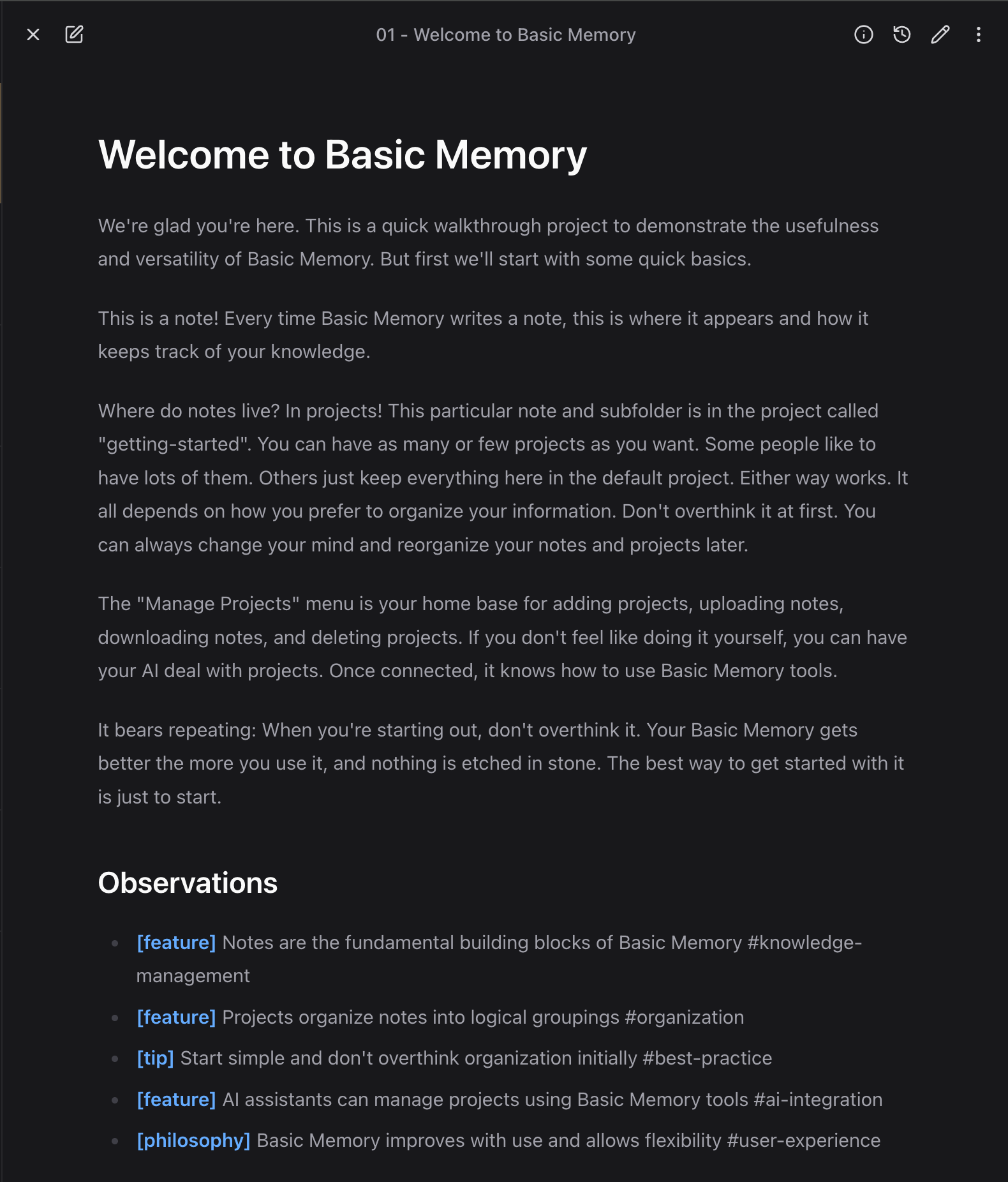 A rendered Basic Memory note with wiki links and structured observations