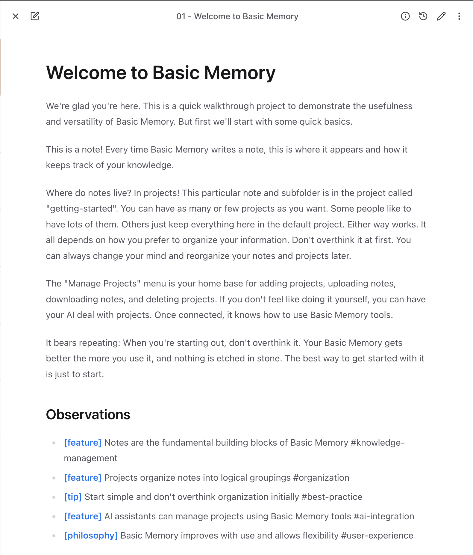 A rendered Basic Memory note with wiki links and structured observations