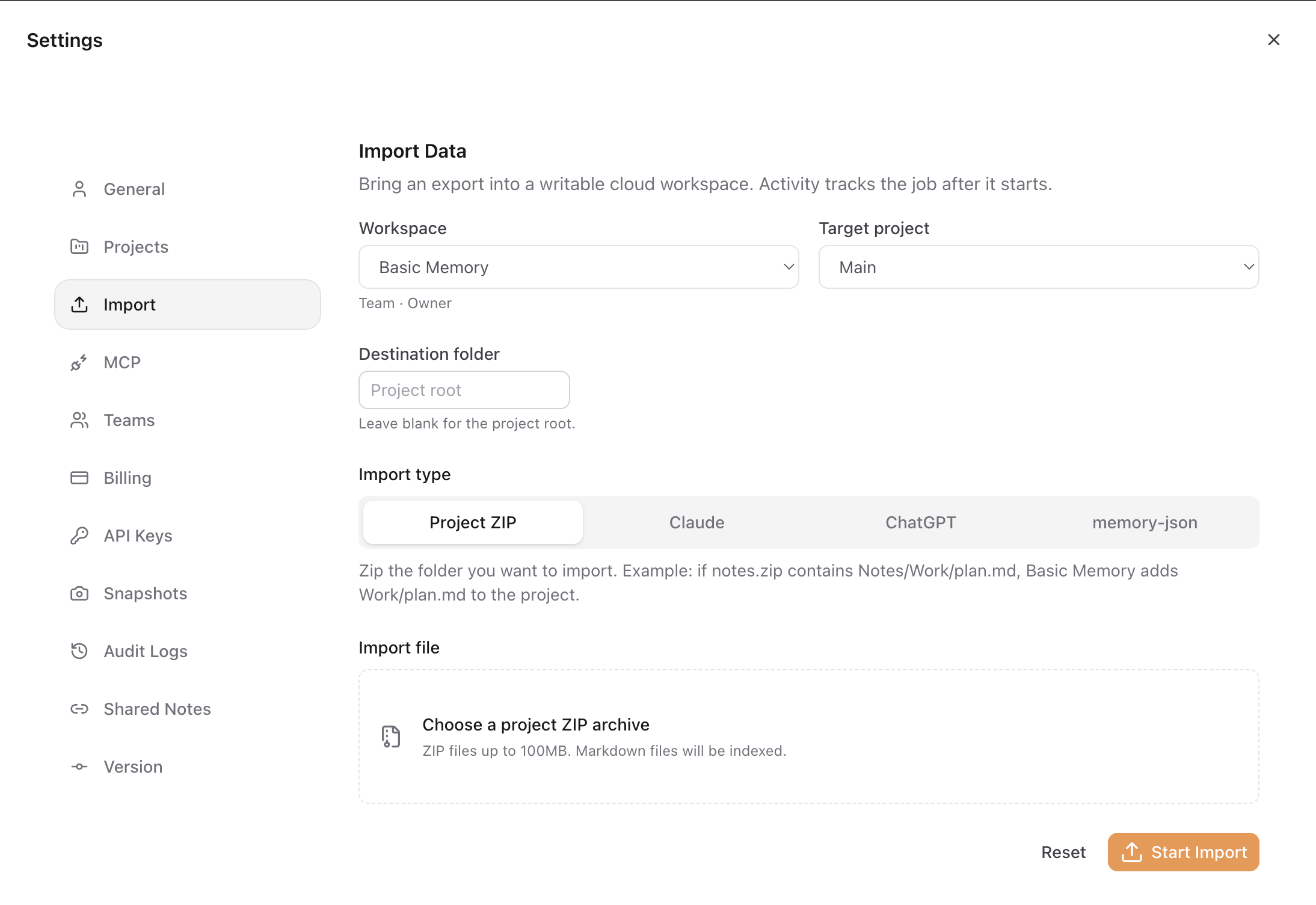 Import settings showing options for Claude, ChatGPT, and Memory JSON data