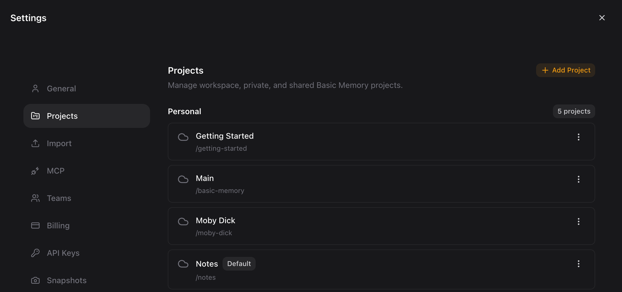 Project management settings for organizing separate knowledge bases