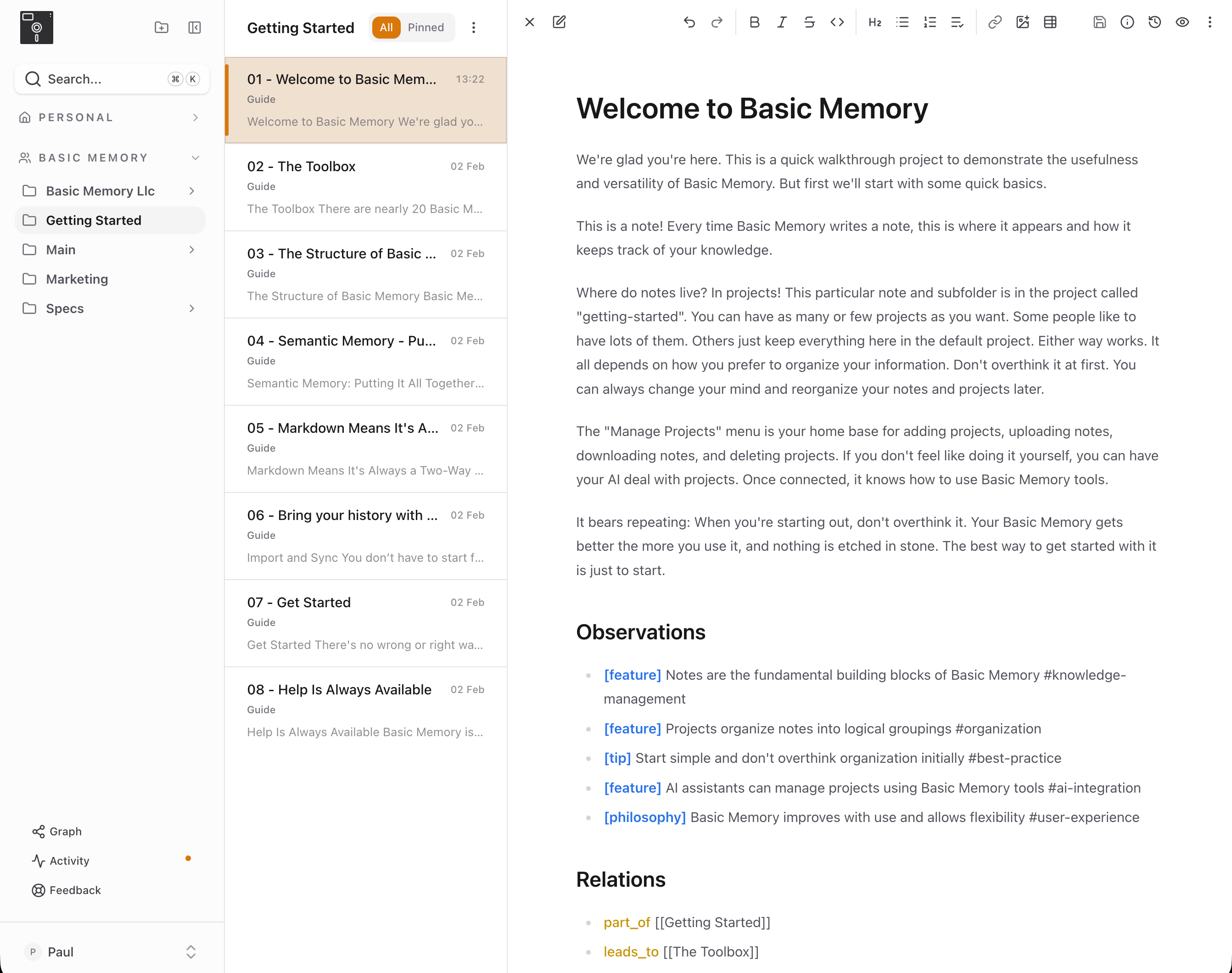The Basic Memory web app showing notes, folders, and an editable knowledge note