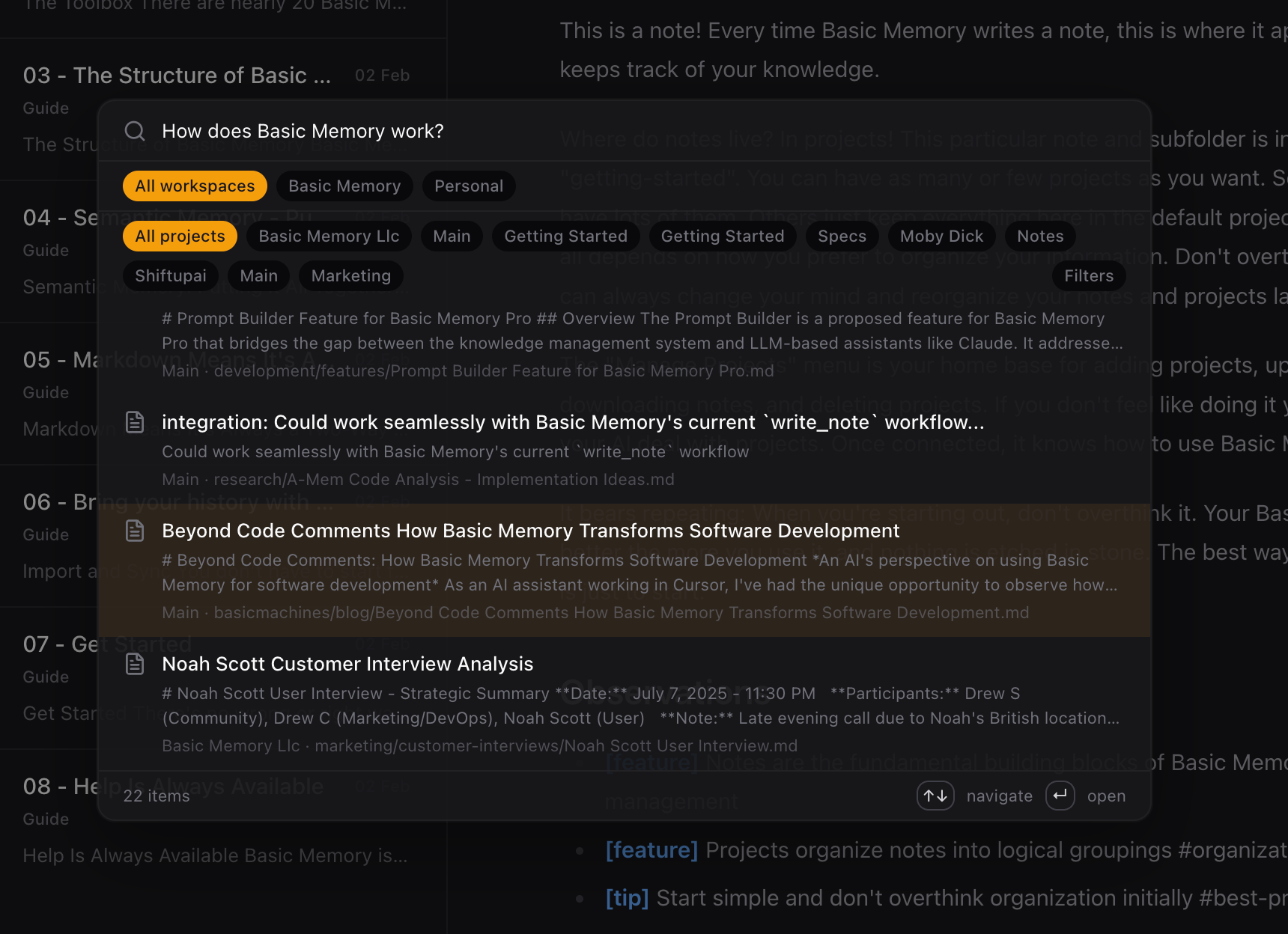 Basic Memory search results filtering notes in the web app