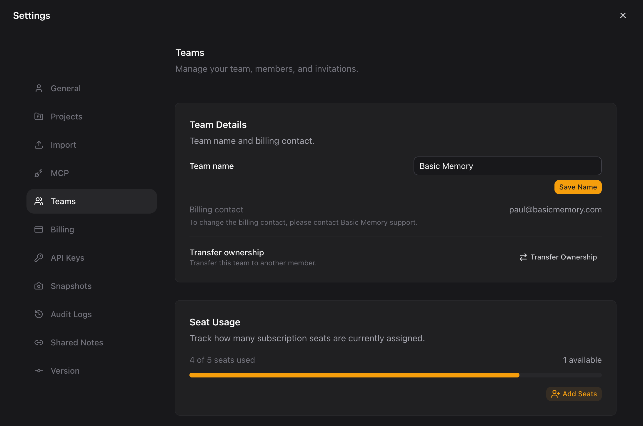 Team settings showing members, roles, and invitations