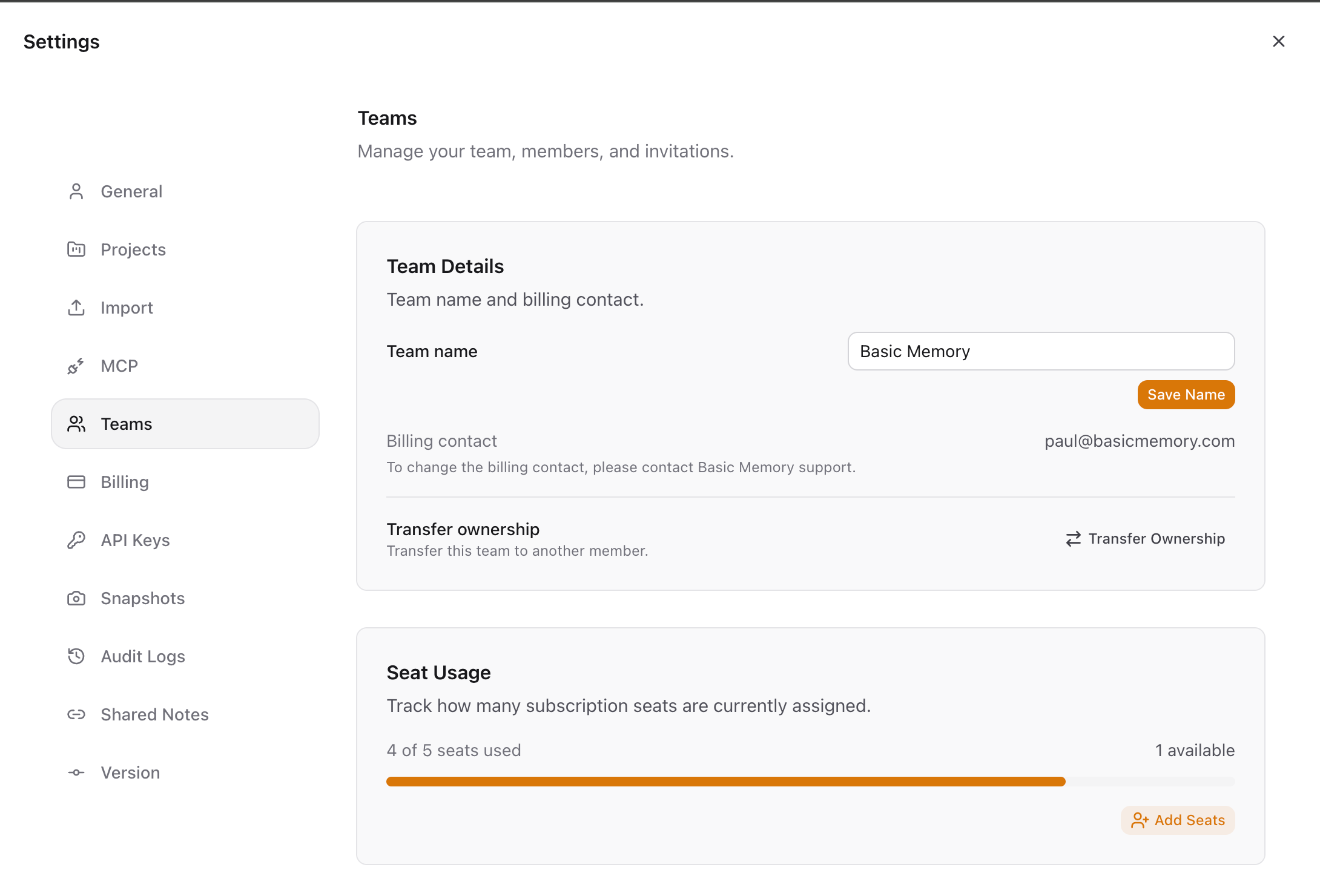 Team settings showing members, roles, and invitations