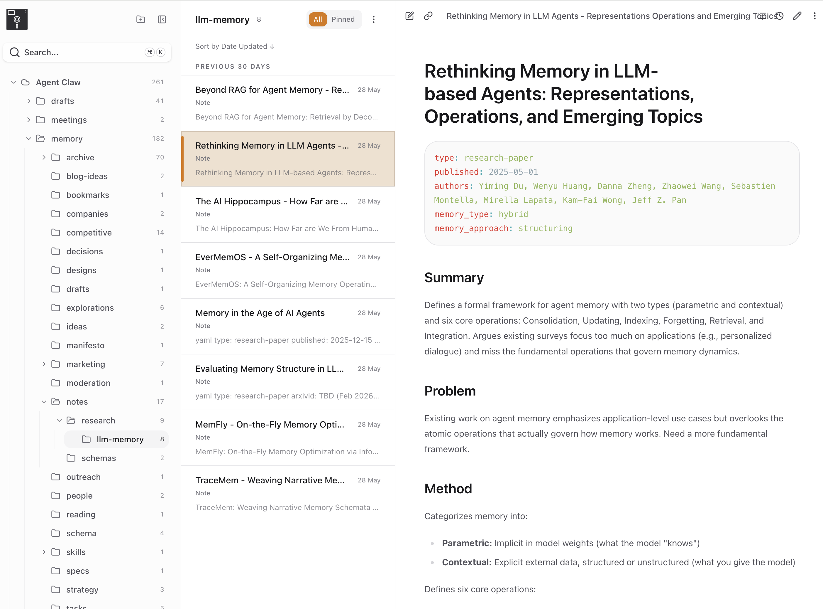 Basic Memory Cloud web app showing an OpenClaw agent's research notes on memory papers, with a folder tree on the left, a list of papers in the middle, and the open paper note on the right showing structured frontmatter and Summary, Problem, and Method sections