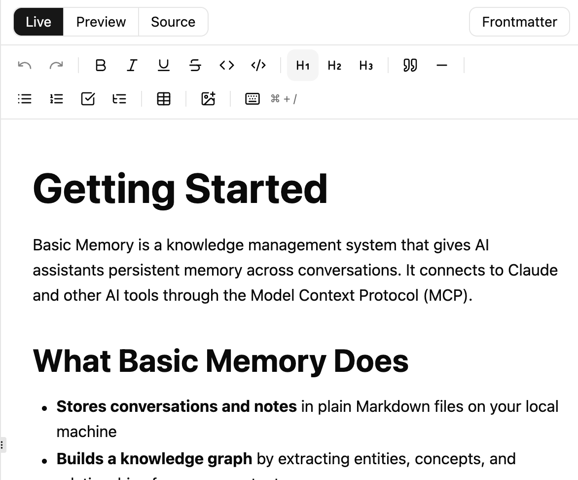 Editor modes - Live, Preview, and Source